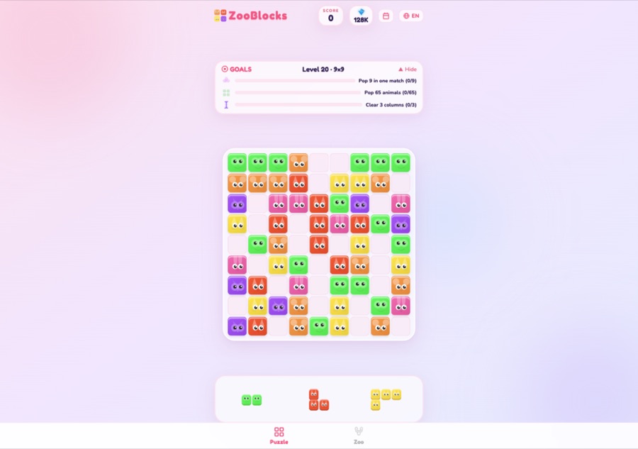 A level 20 ZooBlocks 9x9 board mid-run with three goals visible