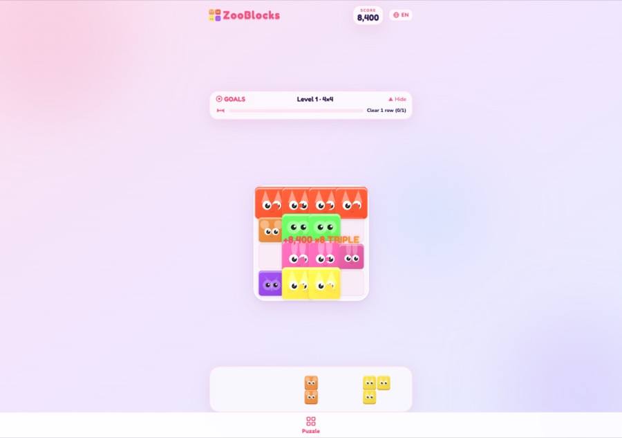 ZooBlocks board mid-clear: a fox row plus two columns clearing at once with a ×8 TRIPLE popup worth 8,400 points
