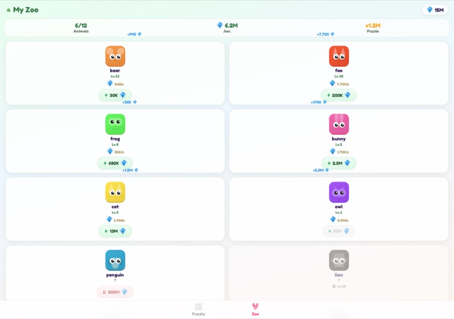 ZooBlocks zoo view with six owned animals, per-second diamond income, and upgrade buttons